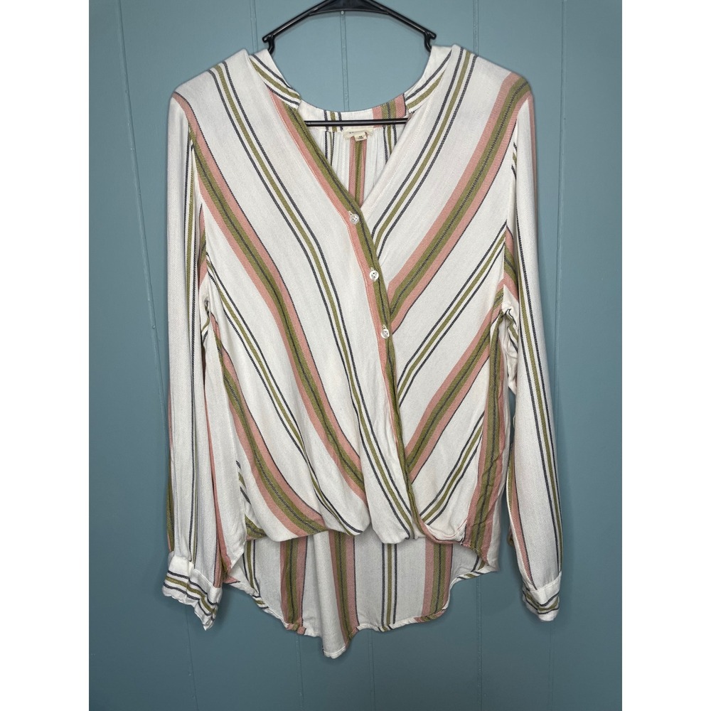 En Creme Blouse Womens Medium White Pink Green Striped High Low Top Excellent